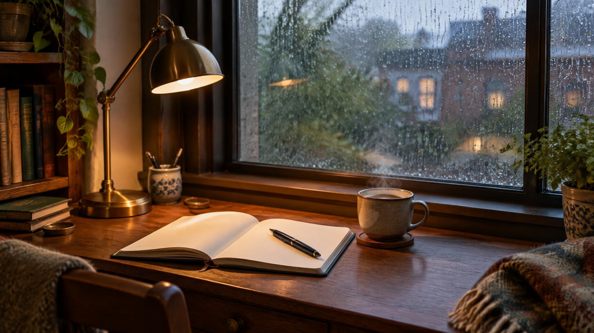 Cozy writing nook with a lamp, coffee cup and open notebook