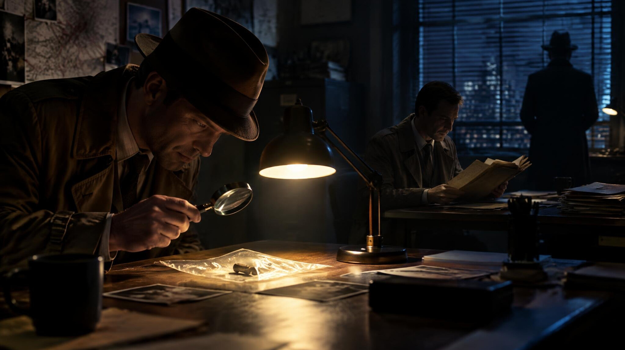 detective examining evidence under lamp