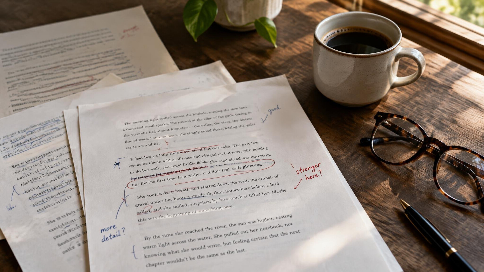 Manuscript pages covered in handwritten edits on a wooden table
