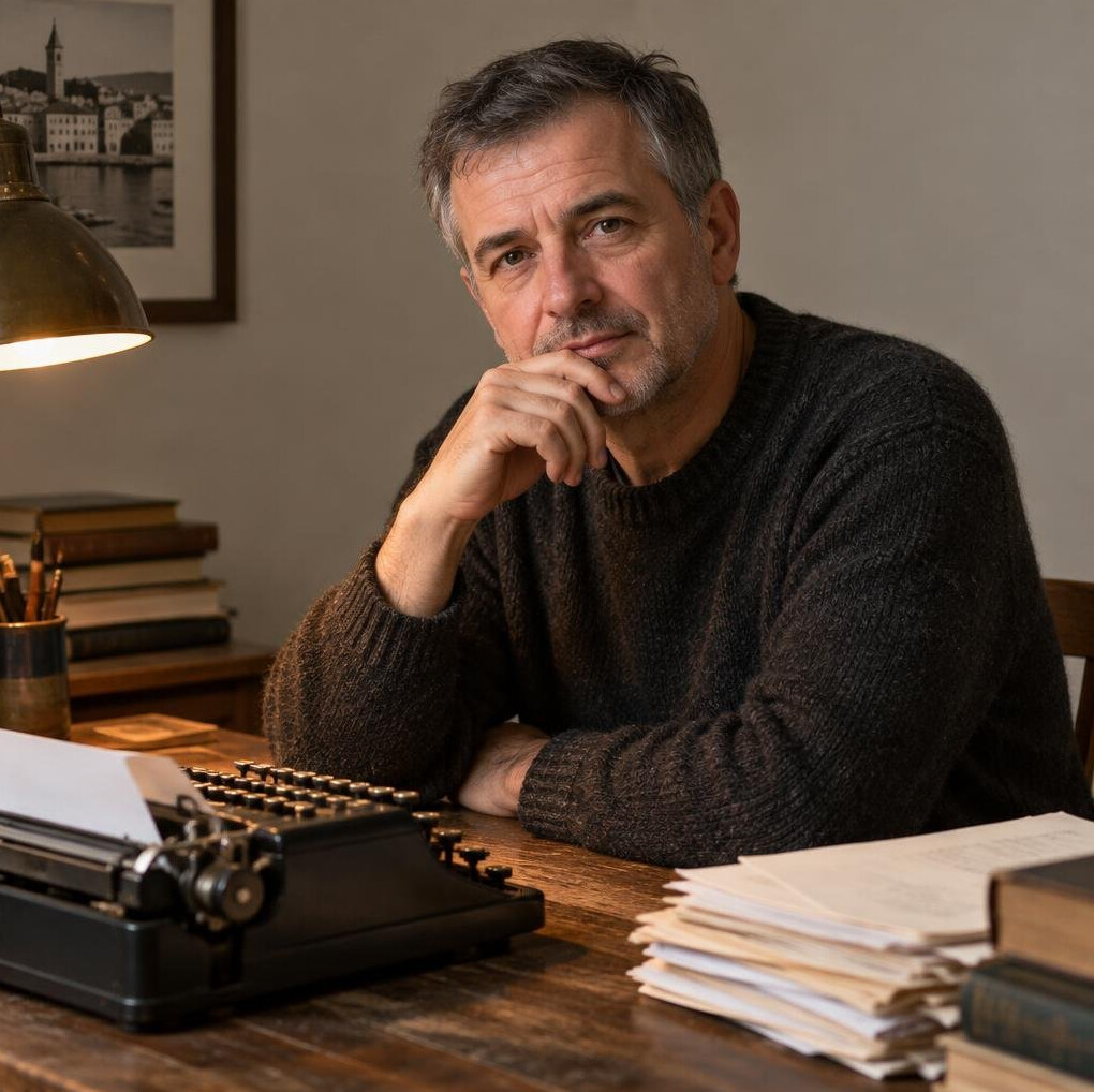 Croatian male author sitting at a wooden desk with a typewriter