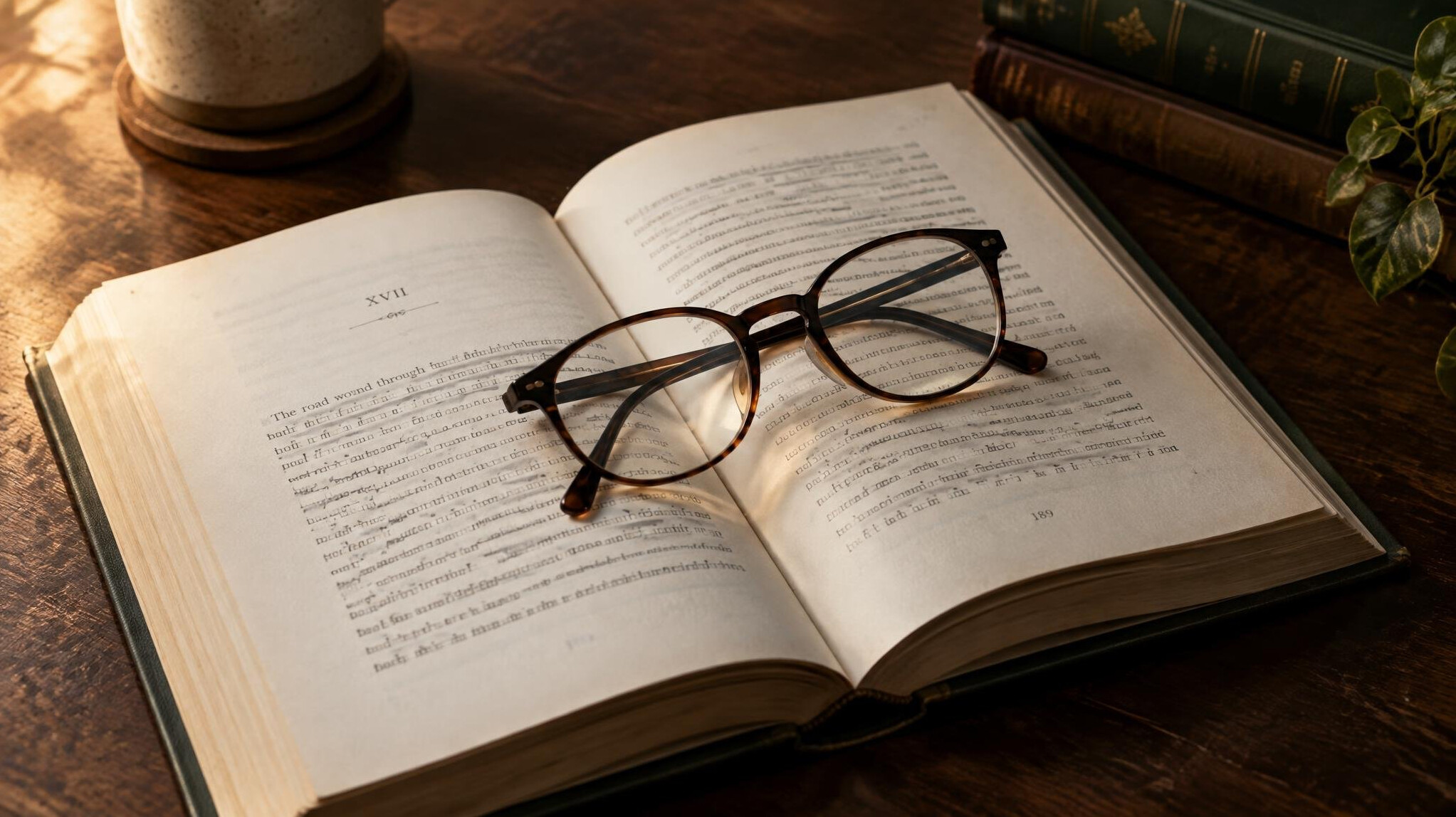Open hardcover book with reading glasses resting on top