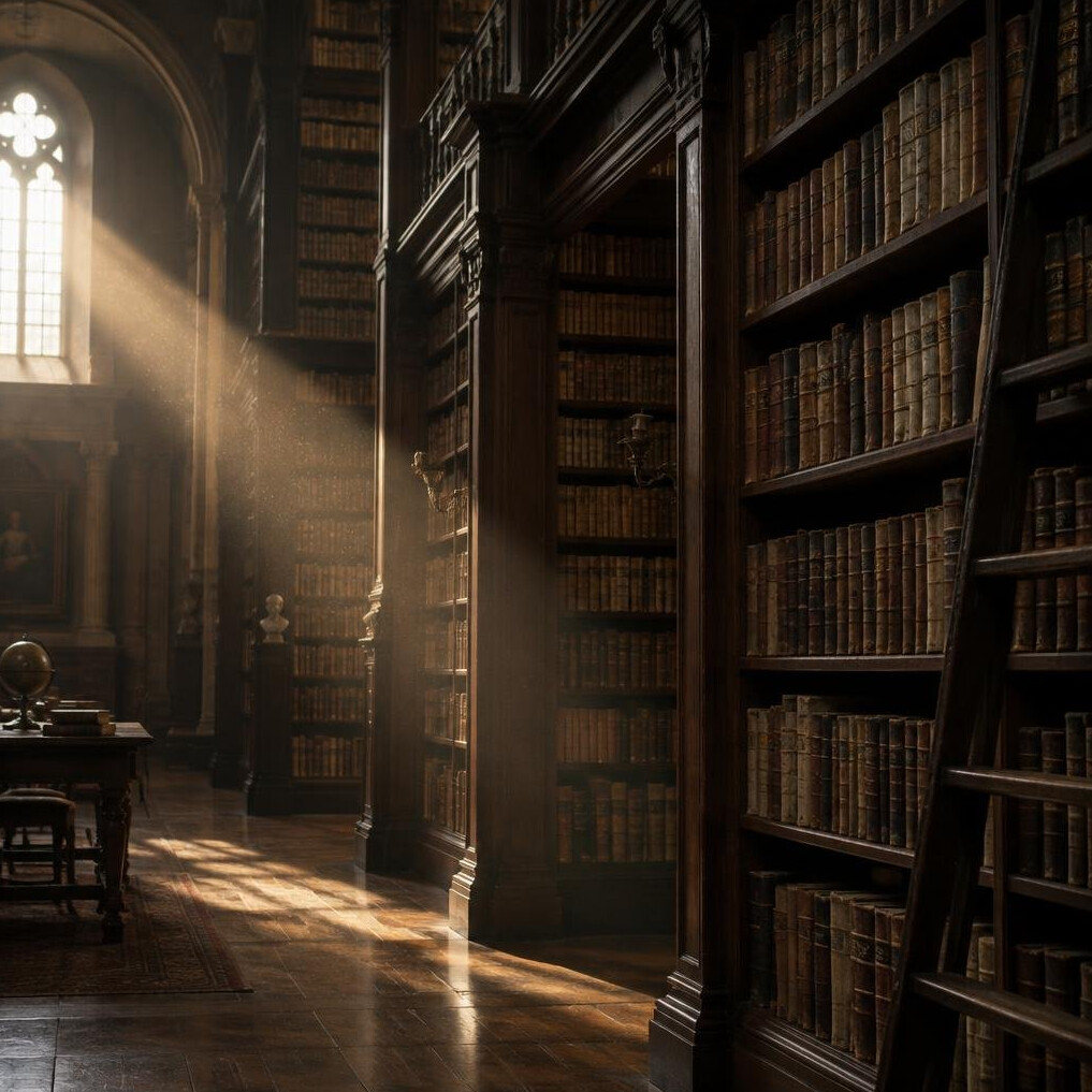 Interior of an old library with tall wooden bookshelves