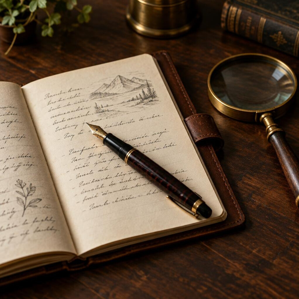 Open notebook with a fountain pen and a magnifying glass on a wooden table