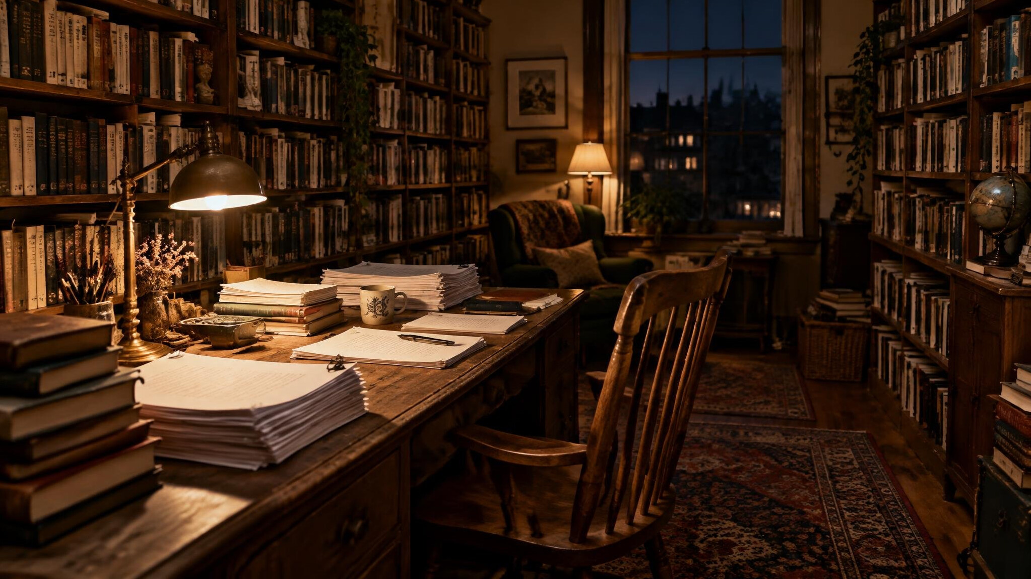 Cluttered writer's study with bookshelves and a warm desk lamp