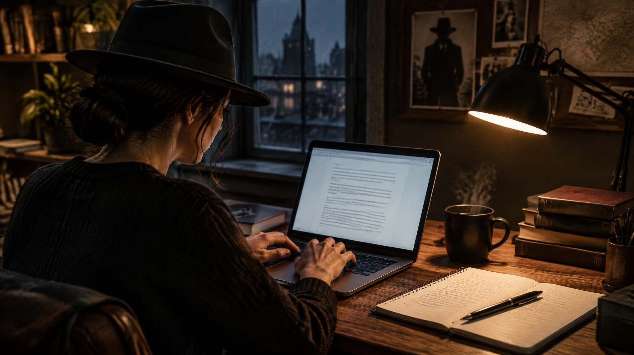 mystery writer at desk