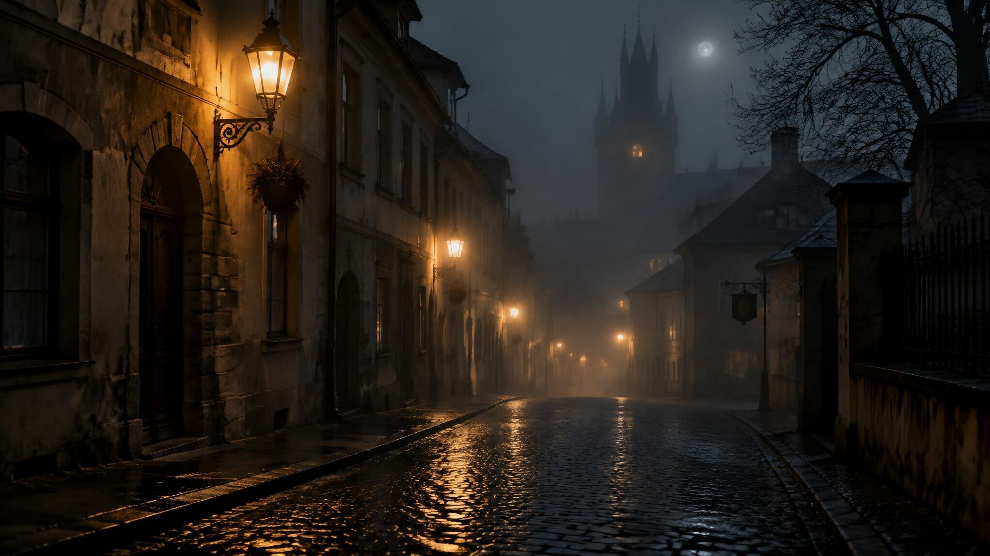 Foggy cobblestone street at night in an old European town
