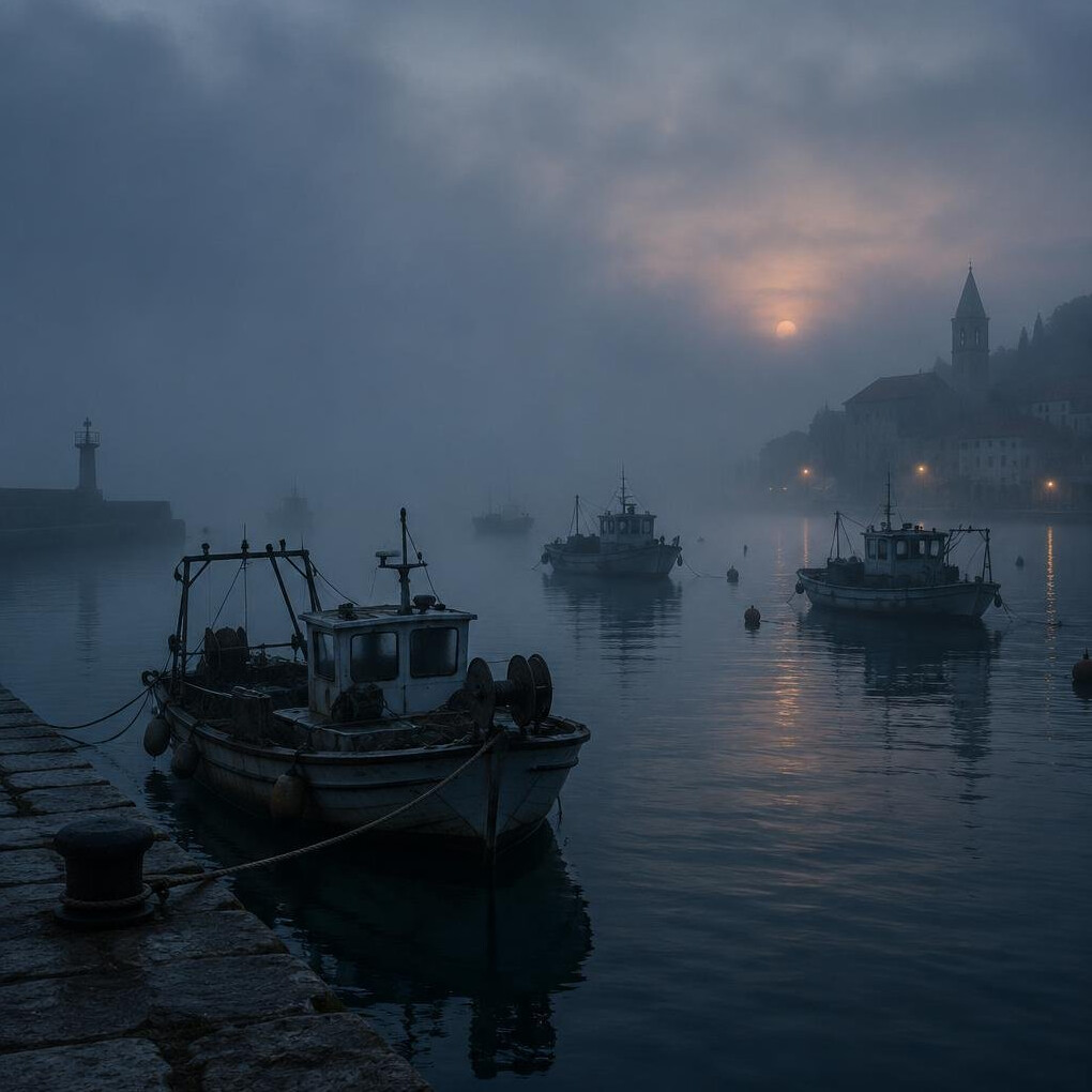 Foggy harbor at dusk with silhouettes of boats