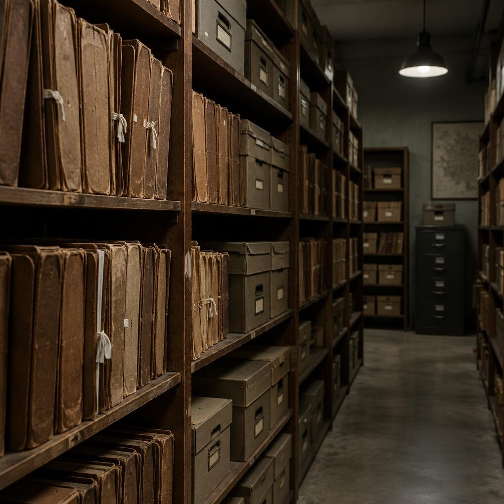 Rows of old archive folders and boxes on wooden shelves