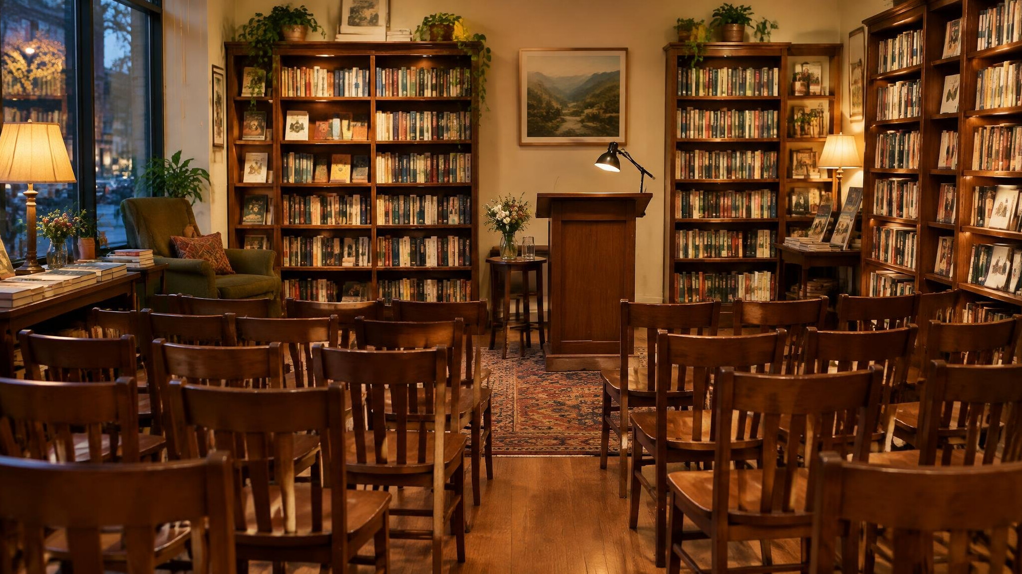 Rows of empty wooden chairs facing a small lectern in a bookstore