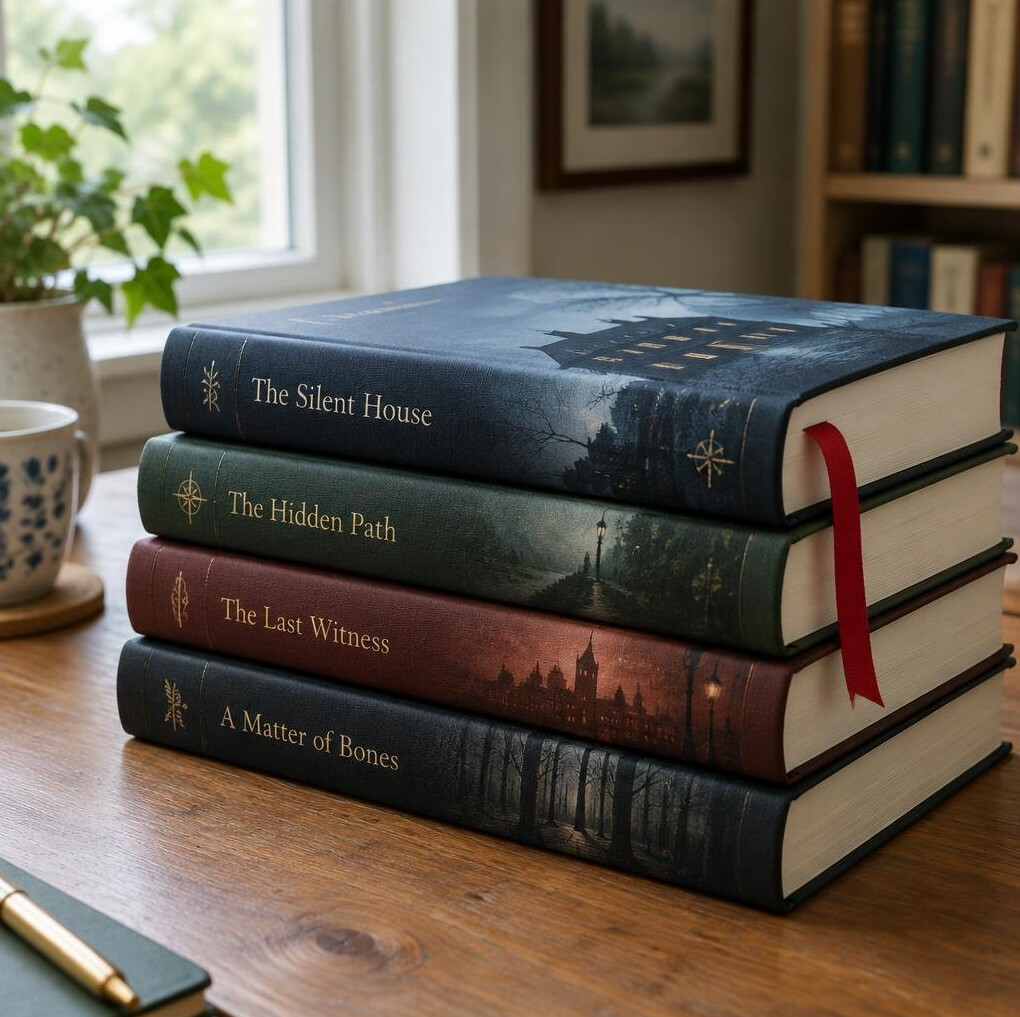 Stack of hardcover novels with a bookmark ribbon on a table