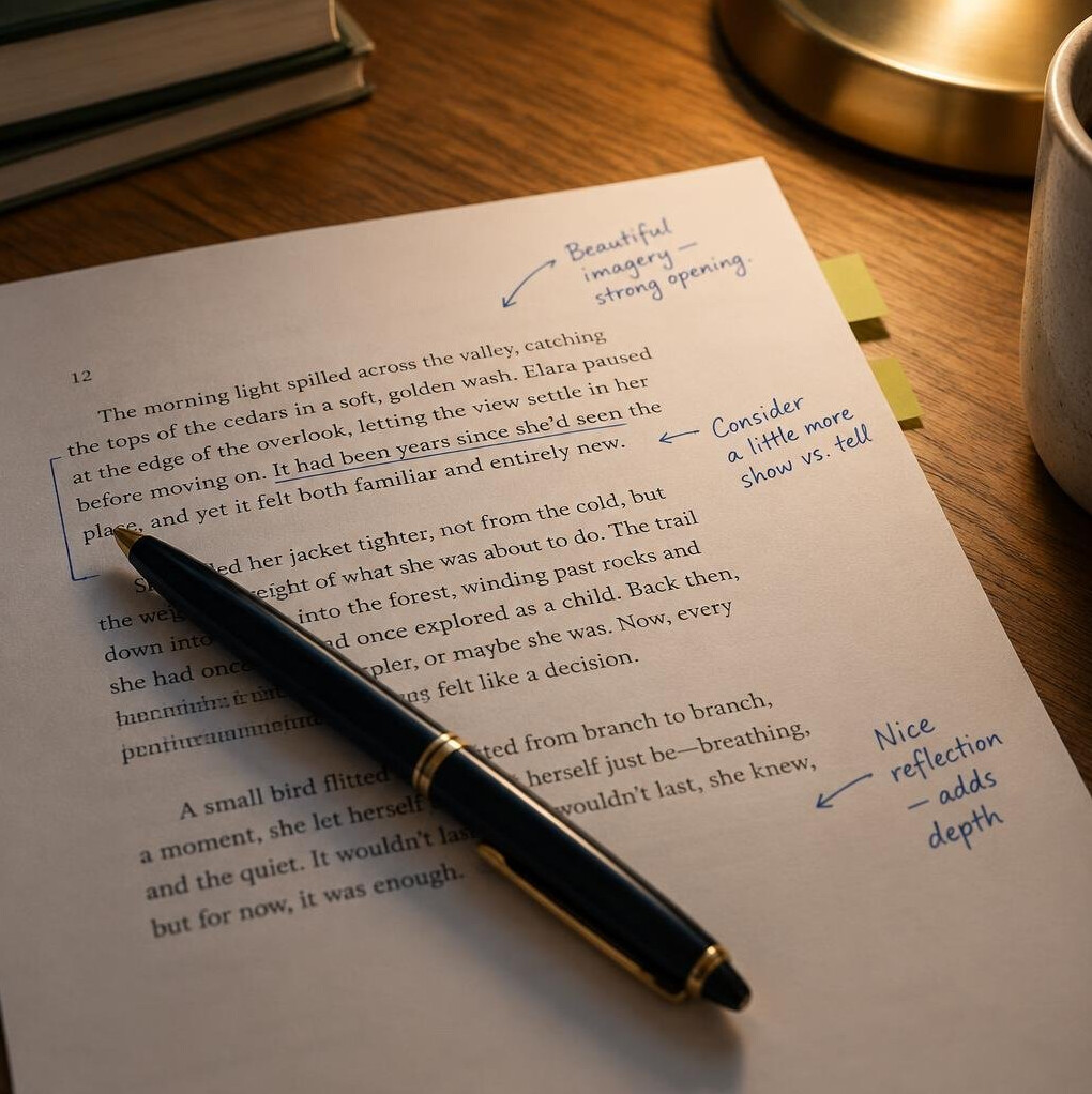 Handwritten manuscript notes with a pen on a desk