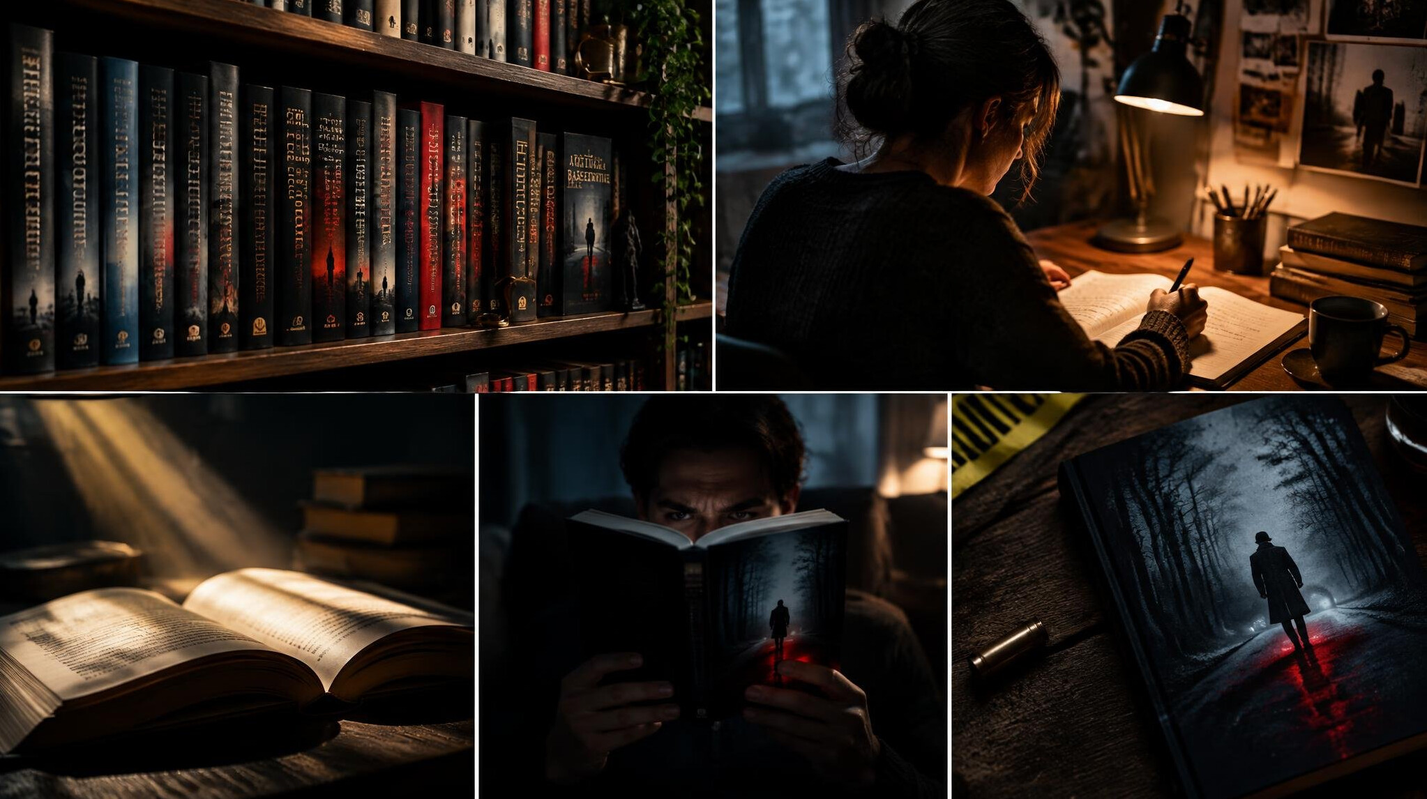 bookshelf full of mystery novels
